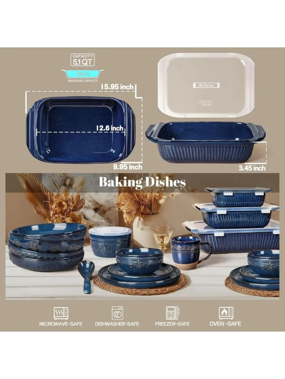 Large 5.1 Qt Casserole Dish with Lid, Deep Baking Pan for Oven, Ceramic Bakeware